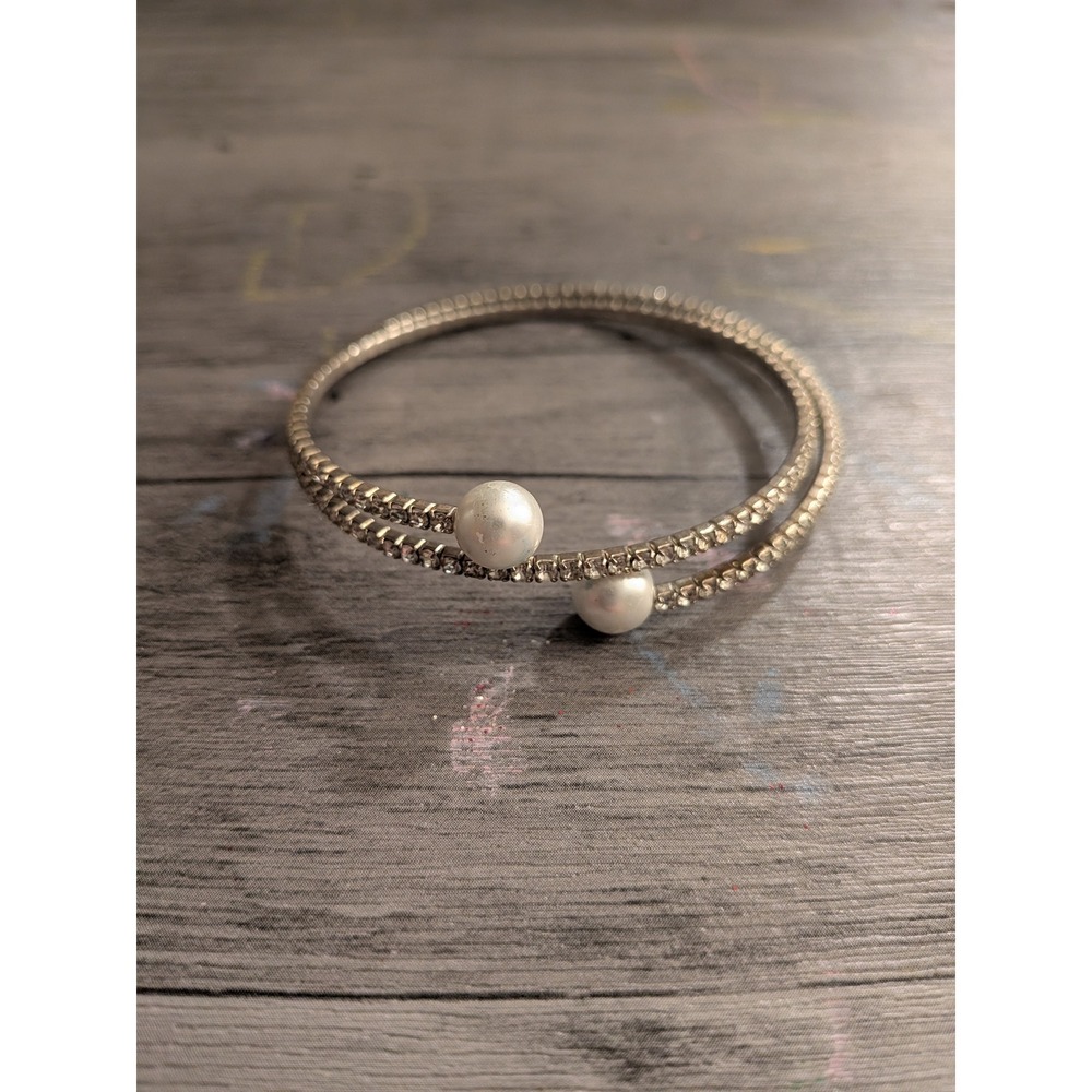Silver‎ Tone Rhinestone Double Row Wrap Bracelet with Faux Pearl Accents